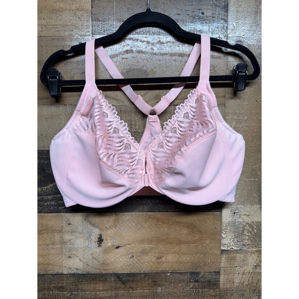 Glamorise Front Close Racerback Bra Pink Lace T-Back Underwire 38F 1069 GS